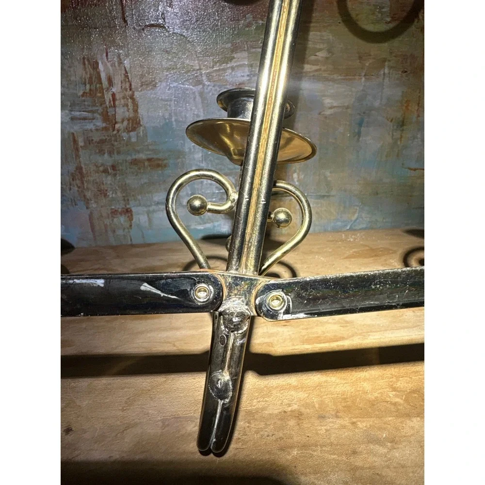 Vintage Brass Triple Wall Sconce Taper Candle Holder Folding Scrollwork Heart